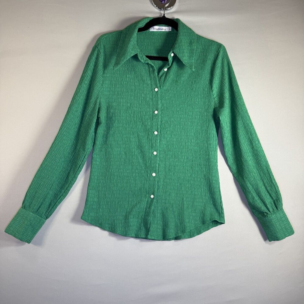 Trendmate Women Ribbed Green Slim Buttondown Collared Long Sleeve Shirt blouse M